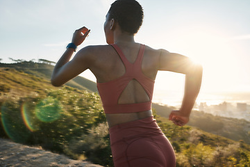 Image showing Fitness, running and energy with black woman in nature for sprinting, stamina and workout. Exercise, sports and cardio with girl runner training for endurance, marathon and performance challenge