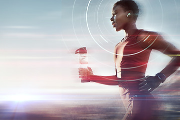 Image showing Black woman, water bottle or running earphones for futuristic motivation, sound waves or energy field. Fitness, sports athlete or runner listening to fitness radio podcast for nature workout training