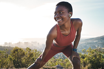 Image showing Black woman, stretching or fitness earphones in nature workout, training or exercise for healthcare wellness or marathon. Smile, sports warm up or happy runner listening to motivation music podcast