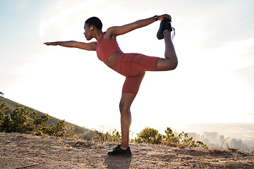 Image showing Yoga stretching, fitness and black woman training for health, exercise and running on the mountain in Nepal. Pilates, flexibility and African athlete in nature for a workout, sports or cardio