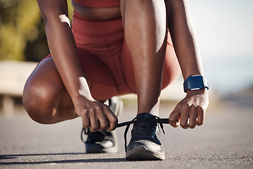 Image showing Start, fitness and shoes of a runner in the street for training, sports and marathon in Brazil. Running, ready and woman tying lace for cardio exercise, workout and healthy motivation in the road