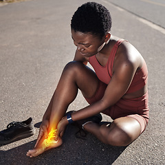 Image showing Fitness, pain and black woman with a foot injury, medical emergency and accident after running in Nigeria. Anatomy, symptom and African runner with muscle inflammation in feet after street cardio