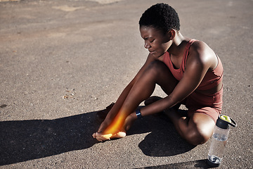 Image showing Injury, running and black woman with foot pain, training accident and emergency after fitness in Morocco. Anatomy, inflammation and African runner with medical sprain in feet and street cardio strain