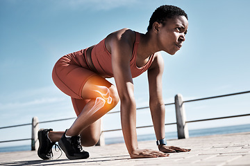 Image showing Start, running and race with black woman at beach for training, endurance and marathon. Energy, performance. and sports with girl runner on promenade for cardio challenge, competition and exercise