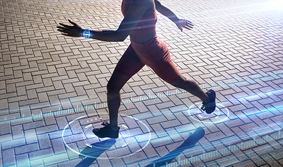 Image showing Woman, running or futuristic fitness tracking with smart watch technology for speed, body biometrics or city healthcare wellness. Runner, sports athlete or future time clock for 3d marathon software