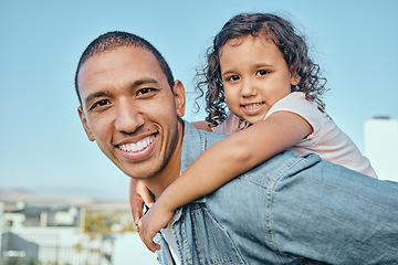 Image showing Father, child hug and happiness portrait or piggyback for relax, travel vacation or fun summer together outdoor. Family, quality time bonding and happy smile for freedom, love and hugging in nature