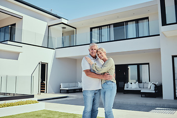 Image showing Mortgage, real estate and senior couple with house, property in Florida for retirement, love and marriage. Portrait, man and woman hug, new home and retired, relocation and moving with investment.