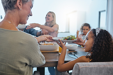 Image showing Family, food and nutrition, together for lunch and grandmother with child and plate, salad and meal at family home. Love, bonding and happy people with generations, big family and relationship.