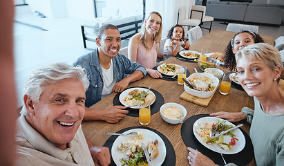 Image showing Big family, lunch and selfie with food on table in home dining room. Fine dining, happy memory and grandma, grandpa and father, mother and girls with healthy meal taking pictures for social media.