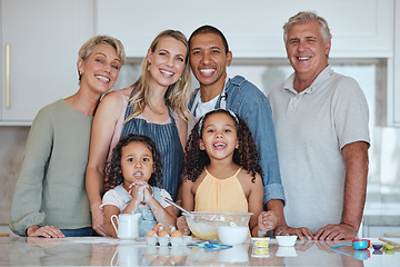 Image showing Interracial, portrait or big family in a kitchen cooking food or baking cake with eggs, flour or milk at home. Bakers, mother and happy father love bonding with children or grandparents on holiday