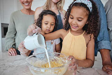 Image showing Family, learning and kids pouring milk in bowl while baking in home kitchen. Education, chef and girls cooking with mother, father and grandparents teaching them how to bake delicious pastry in house