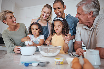 Image showing Baking, family and children with their parents and grandparents in the kitchen learning about cooking food. Bake, bonding and love with girl siblings making baked goods in their home together