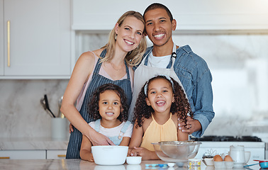 Image showing Happy, smile and portrait of a family in the kitchen cooking together for a party, dinner or event. Happiness, love and interracial parents bonding and baking with their children in their modern home