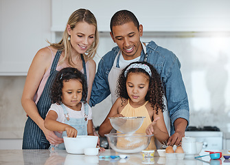 Image showing Cooking, interracial and family with kids in kitchen learning breakfast recipe with flour. Bonding, wellness and mom with dad in family home teaching food preparation lesson to children.