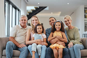 Image showing Big family, smile and portrait of children, parents and grandparents together for love, care and support while on a living room couch in UK home. Smile of men, women and kids on sofa for bonding