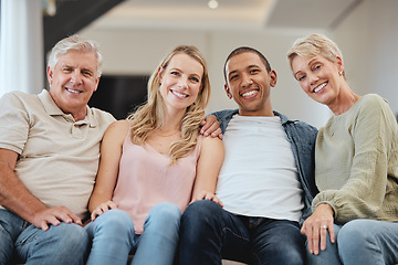 Image showing Family, portrait and relax in living room home, bonding and having fun. Interracial love, diversity and care of happy grandparents, man and woman, smiling and enjoying quality time together in house.