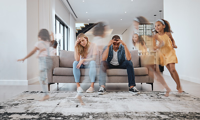 Image showing Stress, headache and parents and running children in house living room or family home with adhd, mental health or hyper active energy. Mother, father or family with kids noise, autism or bad behavior