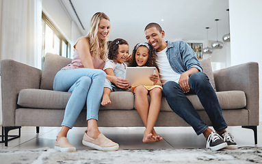 Image showing Happy family, tablet and sofa with children for movie, games and online video watch together with love, care and home education in living room. Diversity parents with kids on digital technology app