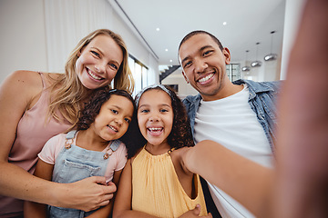 Image showing Happy interracial family, selfie and kids in family home, smile or bonding for social media app. Happy family portrait, digital picture or happiness with love, mom and dad for hug at house in Miami