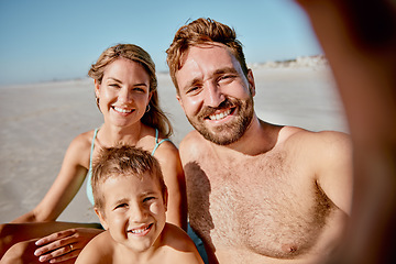 Image showing Family, selfie and beach with smile, kid and summer sunshine on vacation, bonding and happy together. Mom, dad and child in digital picture by seaside, ocean and sand on holiday for sun in Cancun