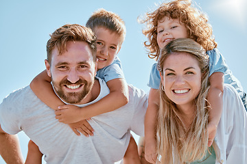 Image showing Happy family, portrait and piggy back in summer sunshine, smile and happy for bonding, relax and freedom. Family, happiness and children with mom, dad and love on holiday adventure with sky in Cancun