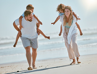 Image showing Freedom, travel and piggyback with family on beach for summer break, happiness and bonding on vacation. Tropical, destination and support with parents playing with children on trip for Cancun holiday