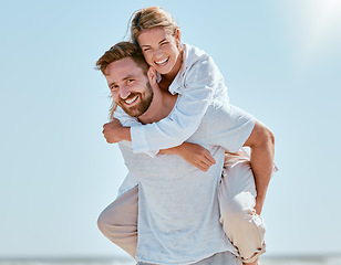 Image showing Love, couple and piggy back on vacation, smile and playful together outdoor. Mockup, man and woman bonding, romantic and loving on holiday, summer and fun for relationship, quality time and portrait.