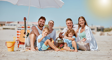 Image showing Beach, portrait and happy big family on vacation, adventure or trip together for summer in Australia. Grandparents, parents and children on seaside holiday for travel, happiness and bonding by ocean.