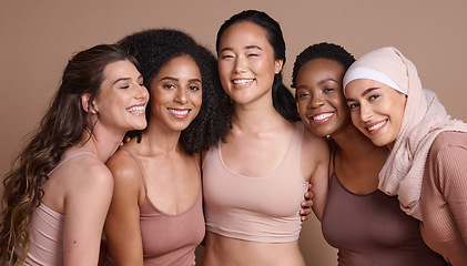 Image showing Face portrait, beauty and diversity of women in studio isolated on a brown background. Makeup, cosmetics and group of different female models posing together for self love, inclusion and empowerment.