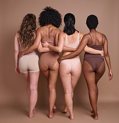 Image showing Back, diversity and body positivity with woman friends in studio on a brown background for natural confidence. Normal, behind and inclusion with a female friend group posing to promote real people