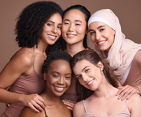 Image showing Diversity, women and group portrait with beauty, skincare and different, empowerment and inclusion. Equality, community and global with happy young model, natural and wellness with studio background.