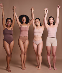 Image showing Women diversity, body positivity and skin color celebration of group of model friends holding hands. Skincare beauty, trust and woman community support portrait together with global care and love