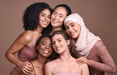 Image showing Women, faces or diversity on studio background in empowerment trust, solidarity support or community self love. Portrait, smile or group beauty models, happy facial expression or religion acceptance