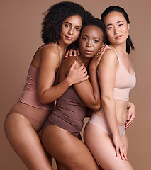 Image showing Beauty, diversity and skincare with portrait of women for self care, body positive and cosmetics. Wellness, products and natural with model for community, facial and luxury in brown background studio