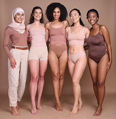 Image showing Women, studio beauty and diversity in global community, support and self love, wellness and healthy skincare. Portrait, female group and models for body positive, solidarity and international culture