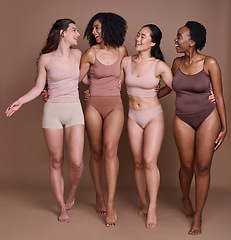 Image showing Women diversity, body positivity and happy hug of a group of model friends smile about skin beauty. Wellness, solidarity and proud woman community celebrate skincare, natural cosmetics and health