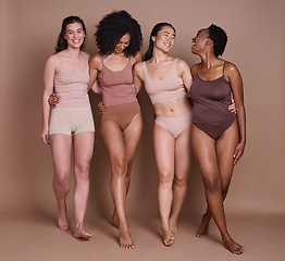 Image showing Beauty, skincare and diversity of women with hug and smile for health, wellness and confidence. Body care, natural and cosmetic model group in underwear for inclusive campaign at brown studio.