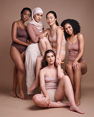 Image showing Women diversity, beauty and body while together for inclusion, skincare and different skin color portrait on studio for cosmetic and dermatology. Aesthetic model group with pride for body and culture
