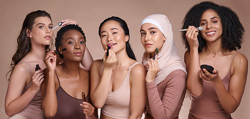 Image showing Beauty, diversity and cosmetics with makeup and women in portrait for cosmetic product advertising, skincare and different. Skin, face and facial treatment with self care and marketing with wellness.