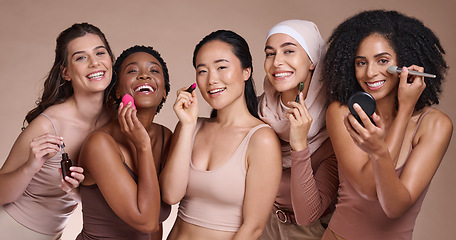 Image showing Women group, makeup studio or diversity portrait for skincare, beauty or smile for happiness. Happy cosmetic teamwork, multicultural model team or face glow aesthetic for support, solidarity or unity