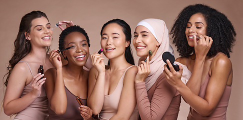 Image showing Face, skincare makeup and group of women in studio on a brown background. Beauty portrait, diversity and female models with cosmetics, products or lipstick, jade roller or serum, lip gloss or mascara