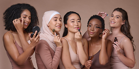 Image showing Diversity, makeup and woman portrait with beauty skincare, cosmetics and wellness product. Skin glow, smile and cosmetic products of women models together with happiness from luxury cosmetology