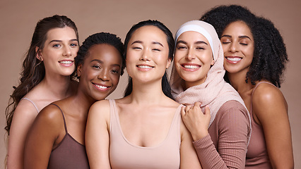 Image showing Support, diversity and women smile for skincare, beauty and empowerment against a studio background. Makeup, solidarity and face portrait of cosmetic model friends with happiness for cosmetics