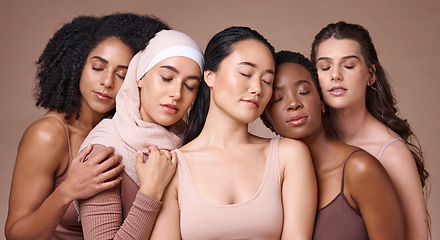 Image showing Women, diversity and relax global model group feeling calm about skincare, beauty and skin glow. Cosmetic, facial and dermatology wellness of models resting together showing cosmetics community