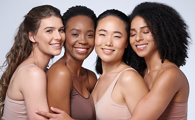 Image showing Face portrait, beauty and group of women in studio on gray background. Cosmetics, makeup and diversity of female models with glowing and flawless skin after spa facial treatment posing for skincare.