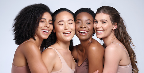 Image showing Face portrait, beauty and group of women in studio on gray background. Natural cosmetics, skincare and diversity of happy female models, friends or girls in makeup posing for self love or empowerment