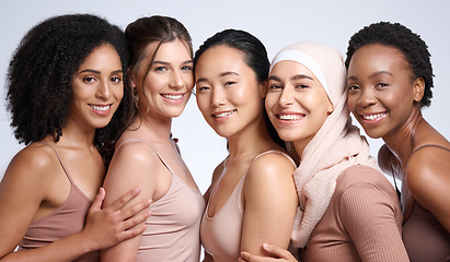Image showing Women face, studio beauty and diversity, global community and support with self love, wellness and healthy skincare. Portrait, group inclusion and female models in solidarity of international culture