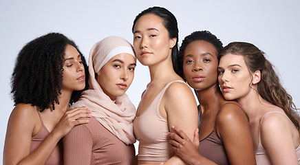 Image showing Beauty, diversity and women in portrait with skin, inclusion and different, global and community with support and equality in race. Skincare, wellness and natural cosmetics against studio background.