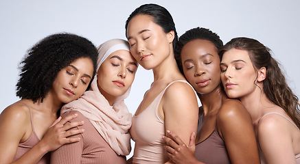 Image showing Face, beauty and group of women with eyes closed in studio isolated on gray background. Diversity, skincare cosmetics or makeup of girls, female models or friends posing for inclusion or self love.