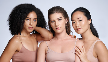 Image showing Diversity, women portrait and skincare wellness of model friends with beauty and health. Cosmetics, body positivity and woman solidarity and support for self care, self love and natural cosmetics